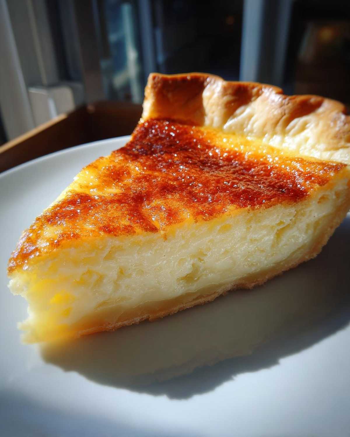Close-up of a perfect slice of buttermilk pie showing the creamy filling and caramelized top crust.