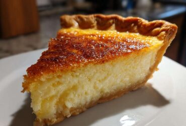 A close-up slice of creamy buttermilk pie showing a golden, caramelized top and flaky crust.