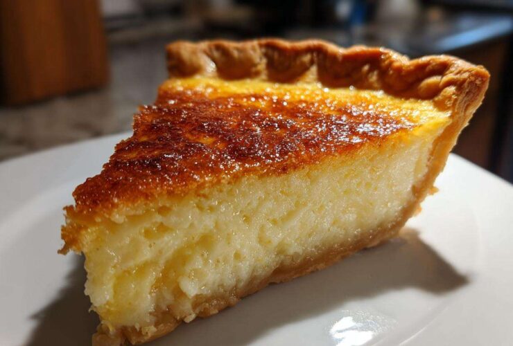 A close-up slice of creamy buttermilk pie showing a golden, caramelized top and flaky crust.