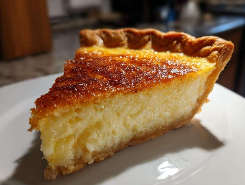 A close-up slice of creamy buttermilk pie showing a golden, caramelized top and flaky crust.