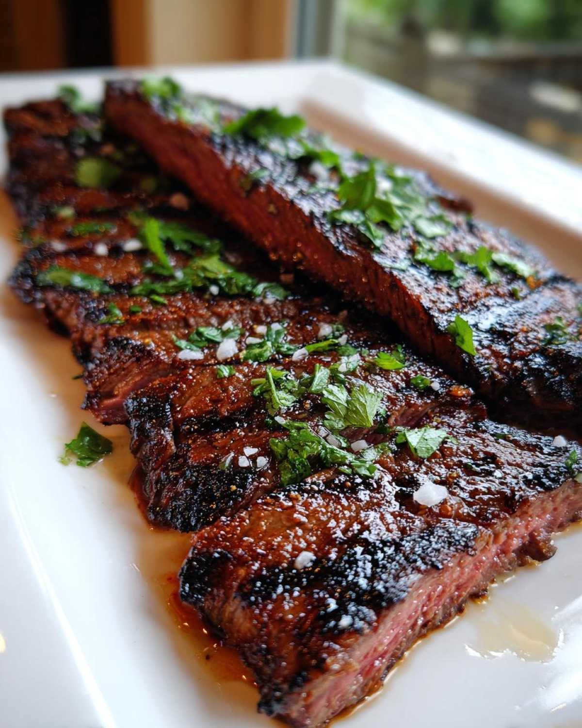 Close-up of perfectly grilled and sliced carne asada steak, glistening with juices and topped with cilantro and sea salt.