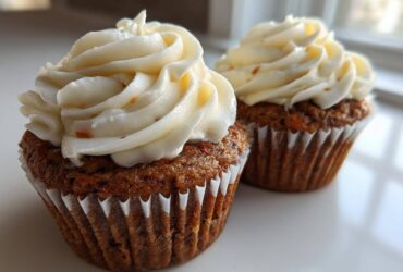 Close-up of two moist carrot cake muffins topped with thick swirls of cream cheese frosting.