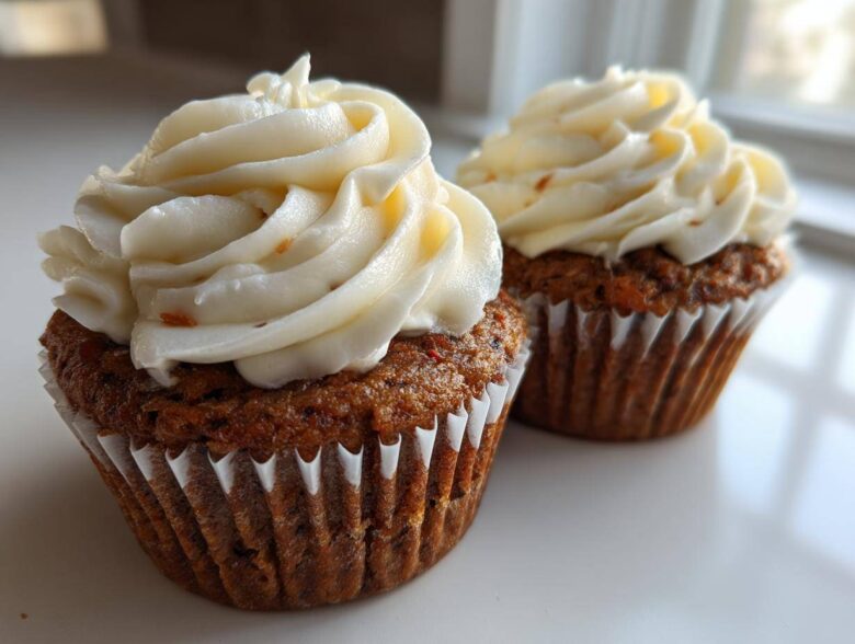 Close-up of two moist carrot cake muffins topped with thick swirls of cream cheese frosting.