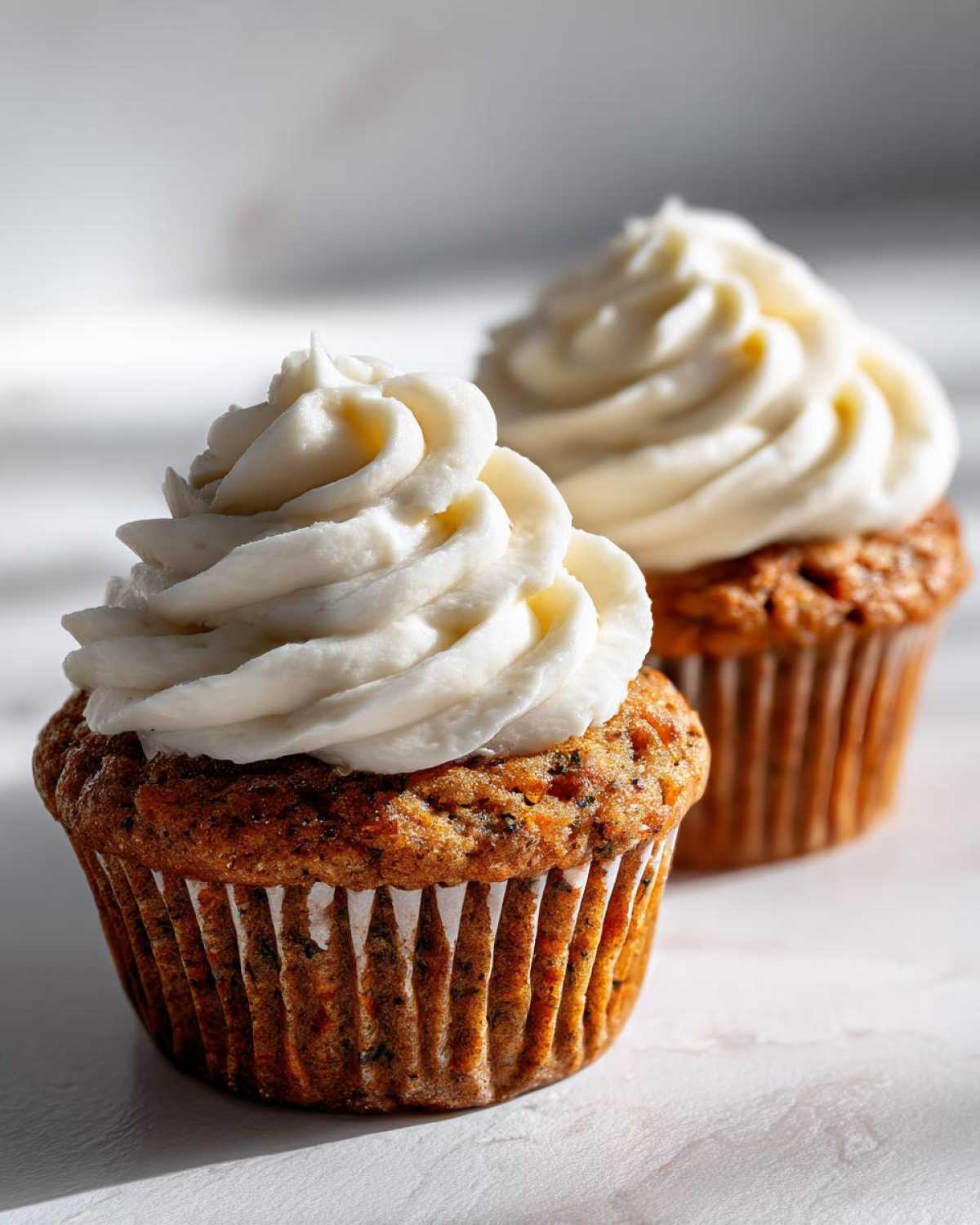 Close-up of two delicious carrot cake muffins topped with thick swirls of cream cheese frosting.