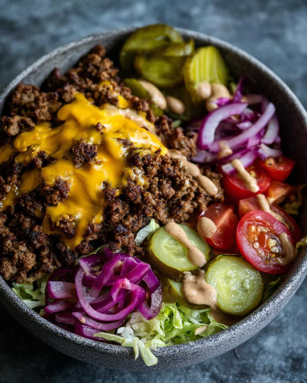 Close-up of a cheeseburger bowl featuring seasoned ground beef, melted cheese, pickles, tomatoes, and red onion over lettuce.