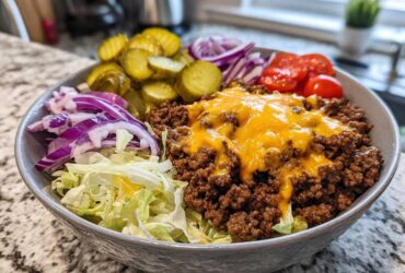A close-up of a delicious cheeseburger bowl featuring seasoned ground beef topped with melted cheddar cheese, lettuce, red onion, pickles, and tomatoes.
