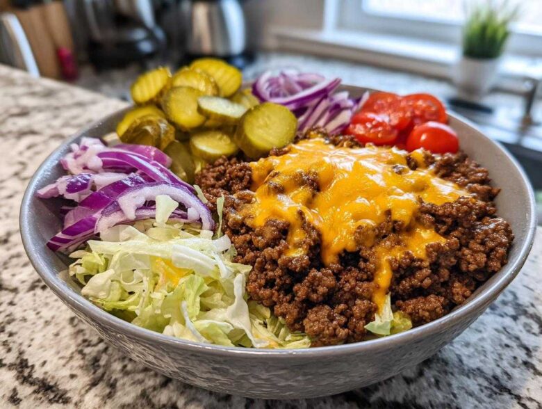 A close-up of a delicious cheeseburger bowl featuring seasoned ground beef topped with melted cheddar cheese, lettuce, red onion, pickles, and tomatoes.