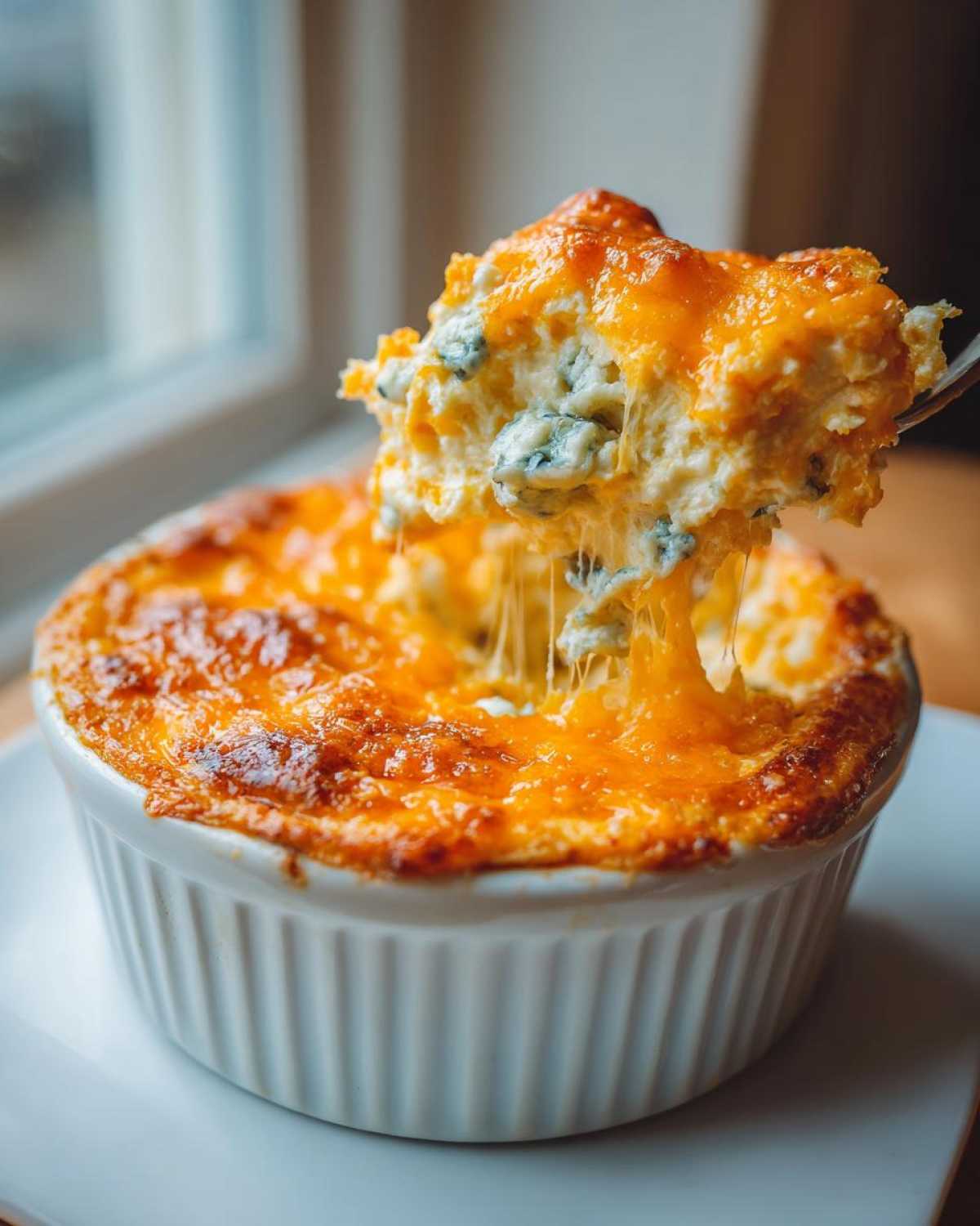 A spoonful of hot, cheesy Buffalo chicken dip showing a dramatic cheese pull, served in a white ramekin.