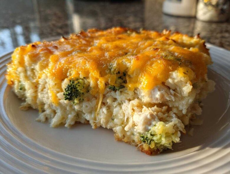 A close-up of a serving of cheesy chicken and rice with visible broccoli florets, topped with melted cheddar.