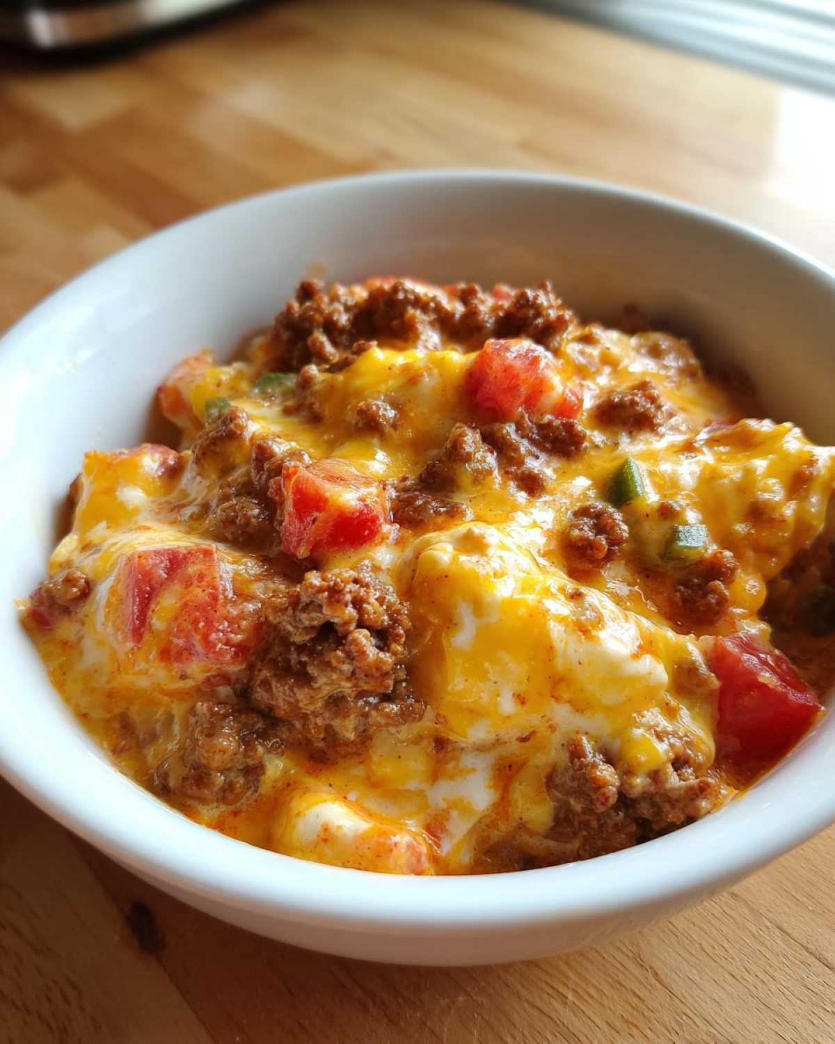 A close-up view of thick, cheesy rotel dip topped with seasoned ground beef, diced tomatoes, and green chilies, served in a white bowl.