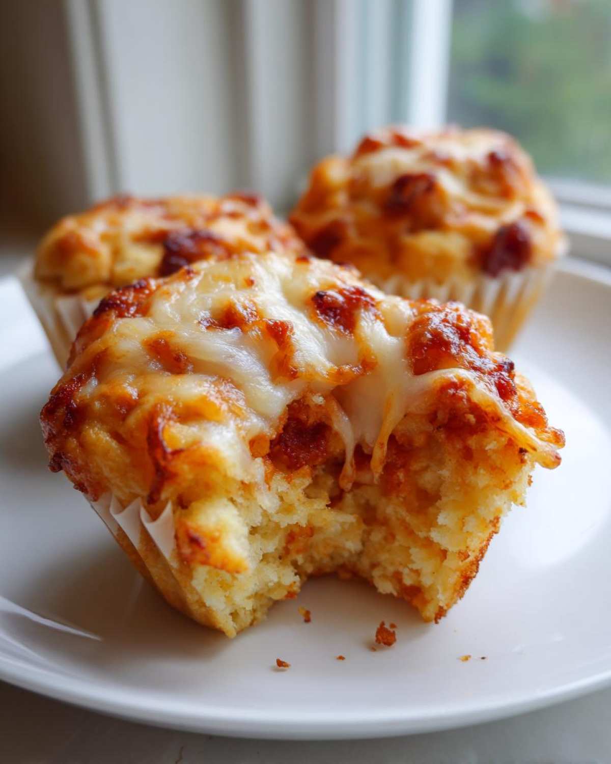 Close-up of three cheesy Pizza muffins on a white plate, one with a bite taken out showing the soft interior.