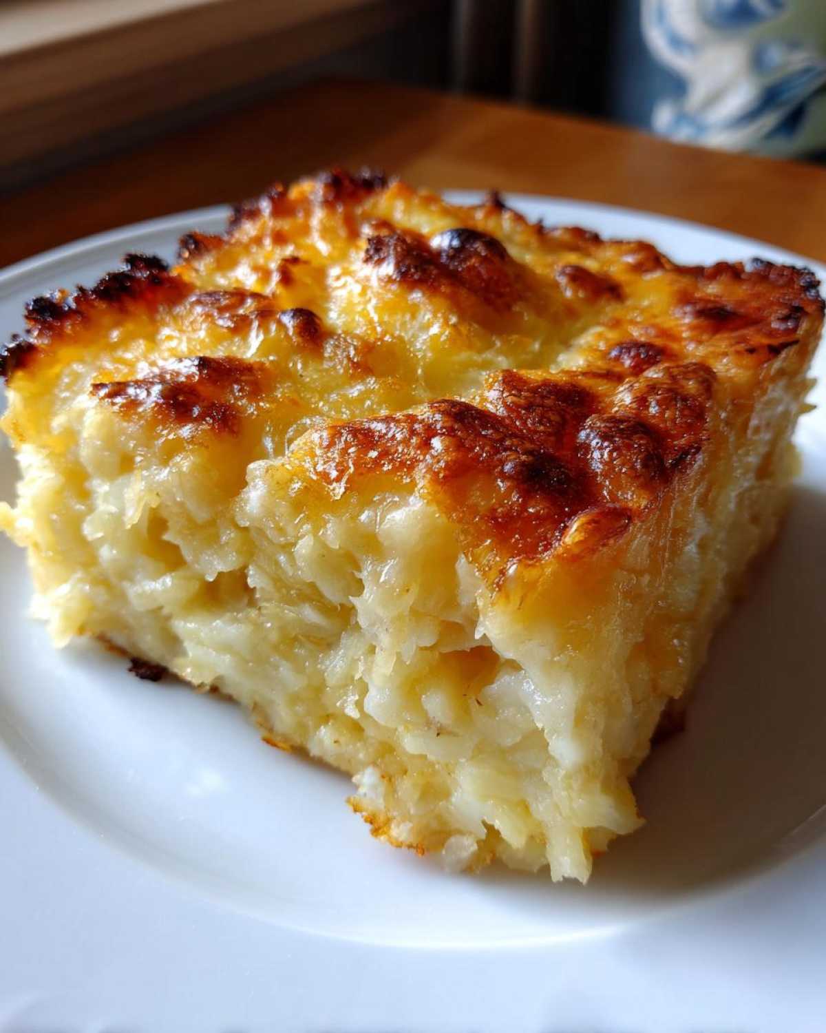 A close-up of a square slice of cheesy potato casserole showing melted, browned cheese topping and stringy cheese pulls.