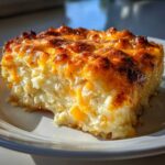 A close-up serving of cheesy potato casserole showing creamy interior and a deeply browned, bubbly cheese topping.