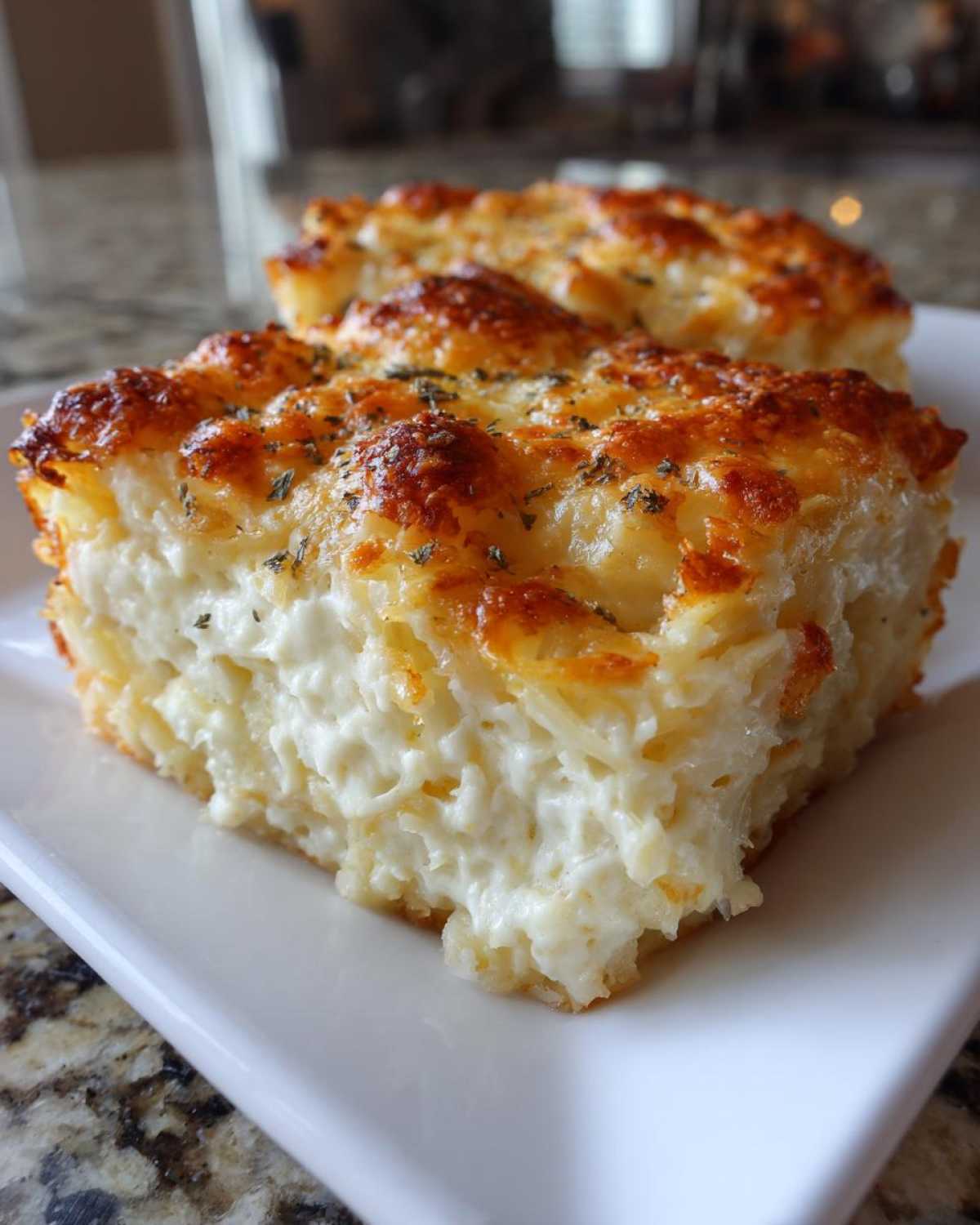 A close-up of a square serving of creamy, cheesy potato casserole topped with browned cheese and herbs.
