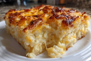 A close-up of a generous slice of cheesy potato casserole showing creamy interior and a deeply browned, cheesy crust.