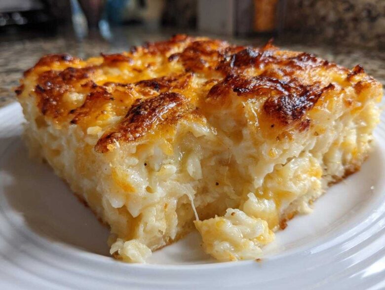 A close-up of a generous slice of cheesy potato casserole showing creamy interior and a deeply browned, cheesy crust.