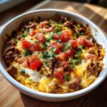 Close-up of a bubbling, cheesy rotel dip topped with seasoned ground beef, diced fresh tomatoes, and green onions.