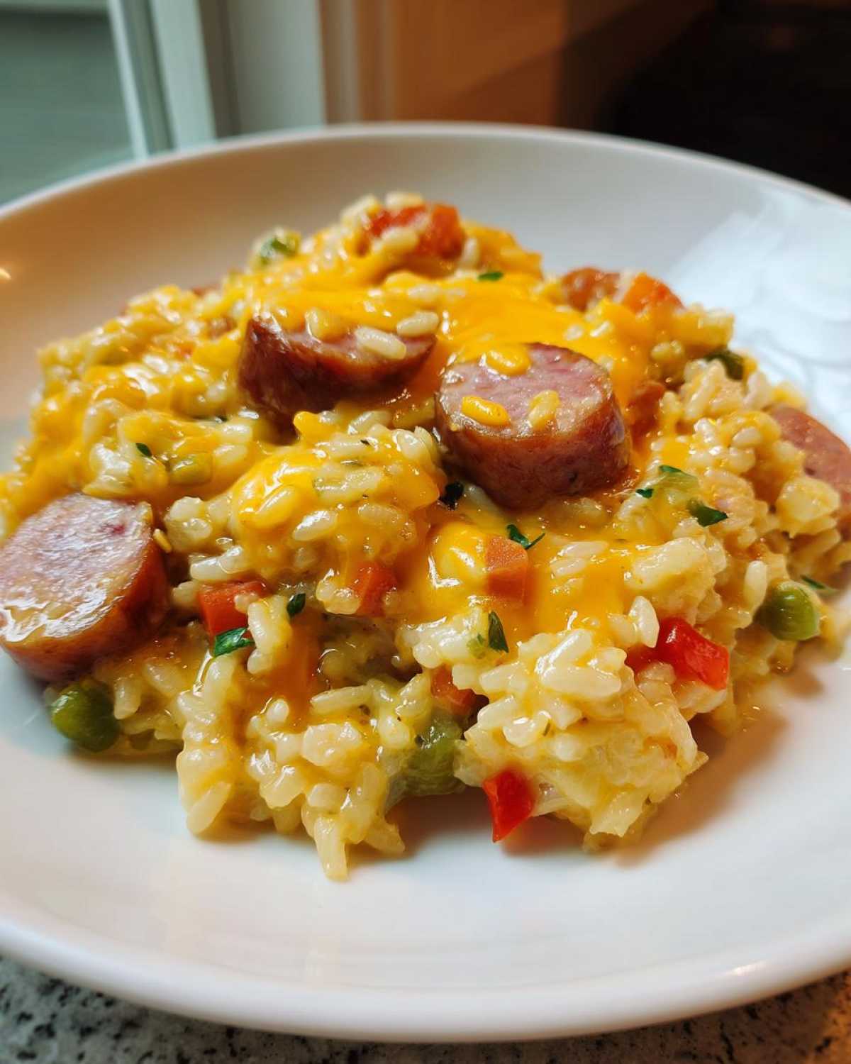 Close-up of cheesy sausage and rice mixed with vegetables served in a white bowl.