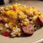 Close-up of cheesy sausage and rice mixed with corn and peas served on a beige plate.