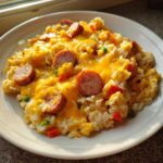 Close-up of cheesy sausage and rice dinner topped with melted cheddar cheese and sliced smoked sausage.
