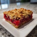 Close-up of a square slice of rich cherry dump cake with a crumbly topping on a white plate.