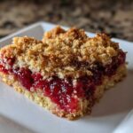 Close-up of a square slice of cherry dump cake showing a thick layer of bright red cherry filling and a crumbly topping.