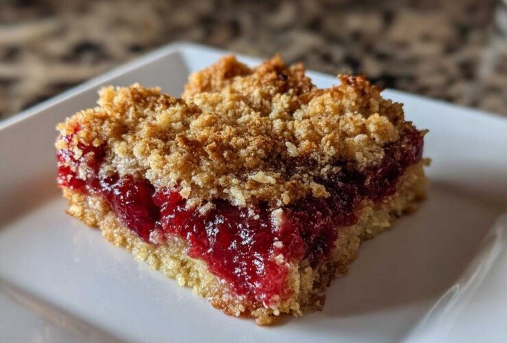 Close-up of a square slice of cherry dump cake showing a thick layer of bright red cherry filling and a crumbly topping.