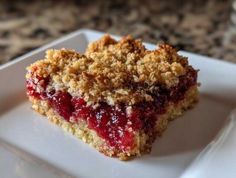 Close-up of a square slice of cherry dump cake showing a thick layer of bright red cherry filling and a crumbly topping.