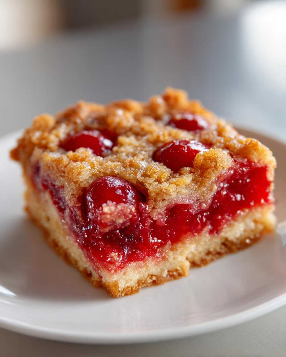Close-up of a square slice of moist cherry dump cake with a golden crumble topping and bright red cherry filling.