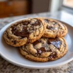 Three perfectly baked chewy chocolate chip cookies with melted chocolate pools, sprinkled with sea salt.