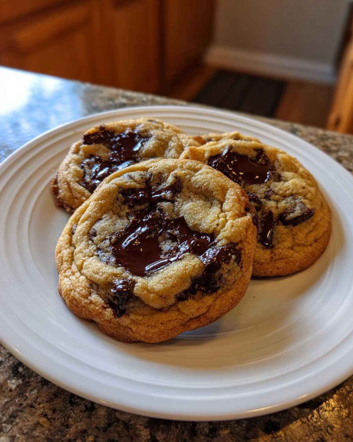 Three perfectly baked chewy chocolate chip cookies with melted chocolate pools on a white plate.