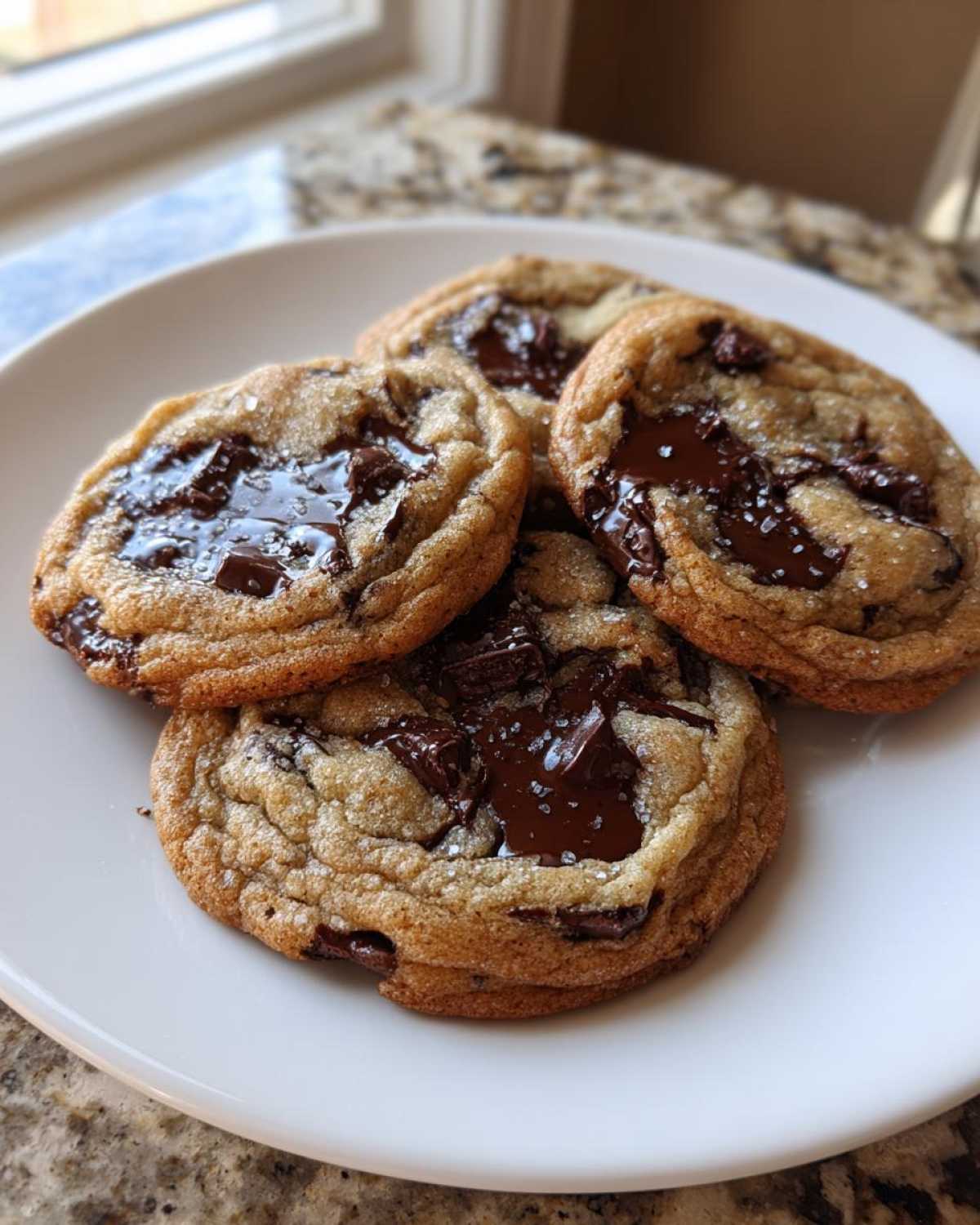 Four freshly baked chewy chocolate chip cookies with melted chocolate pools and sea salt.