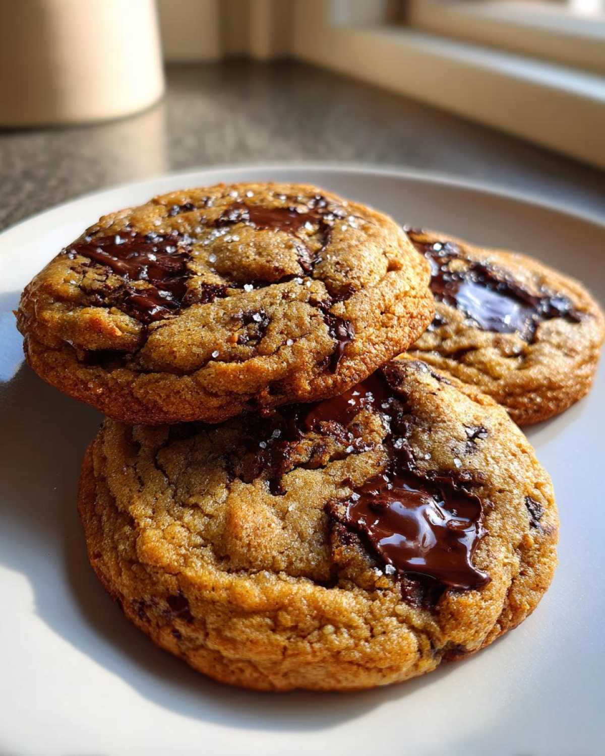 Three perfectly baked chewy chocolate chip cookies topped with melted chocolate pools and flaky sea salt.