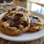 Three perfectly baked chewy chocolate chip cookies topped with melted chocolate chunks and sea salt on a white plate.