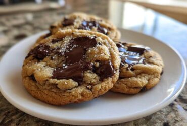 Three perfectly baked chewy chocolate chip cookies topped with melted chocolate chunks and sea salt on a white plate.