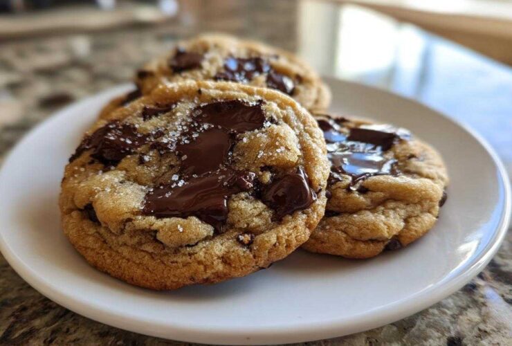 Three perfectly baked chewy chocolate chip cookies topped with melted chocolate chunks and sea salt on a white plate.