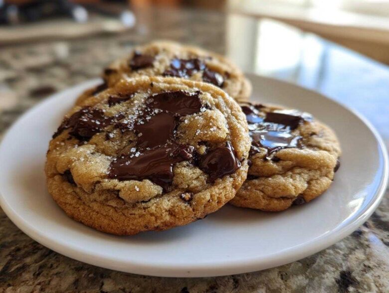 Three perfectly baked chewy chocolate chip cookies topped with melted chocolate chunks and sea salt on a white plate.