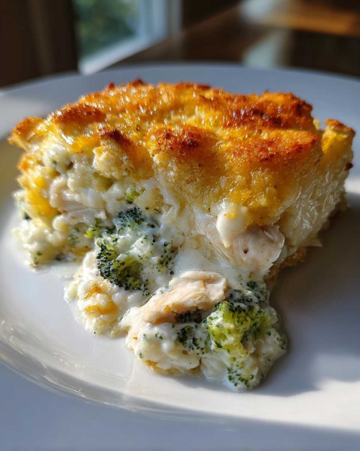 A close-up of a serving of creamy chicken broccoli rice casserole with a golden, baked topping.