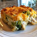 A generous serving of chicken broccoli rice casserole featuring creamy rice, bright green broccoli, chicken pieces, and a golden, crunchy topping.