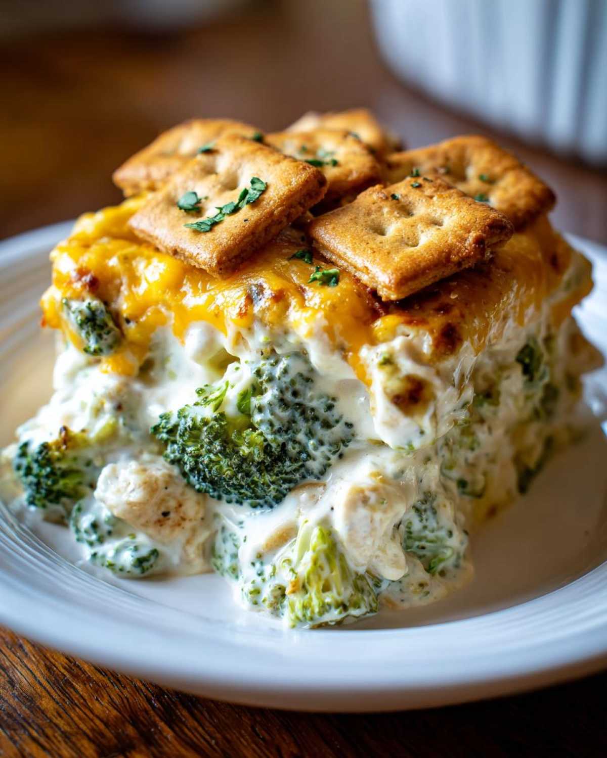 A thick slice of creamy chicken broccoli rice casserole topped with melted cheddar cheese and crackers.