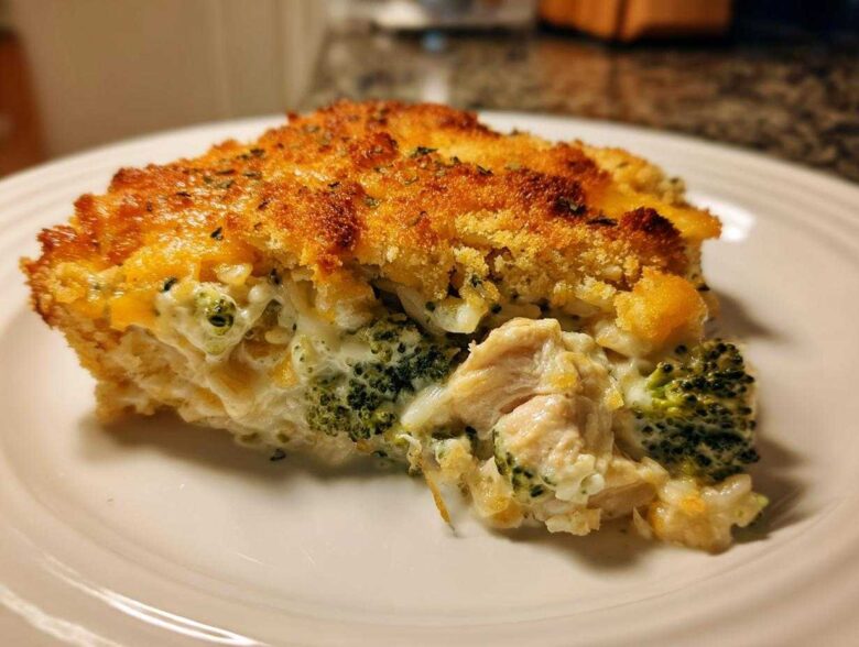 A close-up slice of creamy chicken broccoli rice casserole with a golden, crunchy topping.