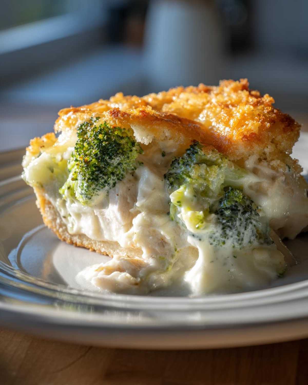 Close-up of a serving of chicken broccoli rice casserole with creamy sauce and a golden, crunchy topping.