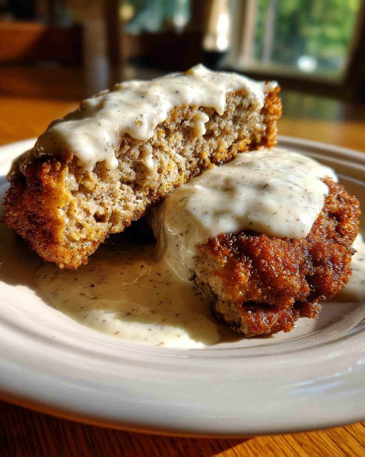 Close-up of chicken fried steak cut in half, smothered in creamy peppered gravy.