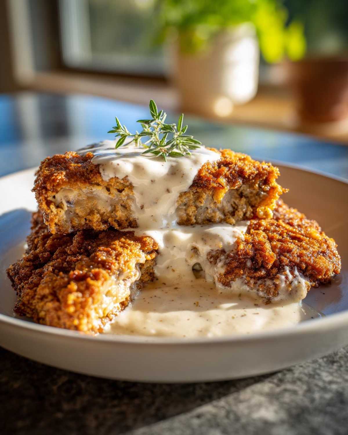 Close-up of a cross-section of crispy chicken fried steak smothered in creamy white pepper gravy and garnished with thyme.
