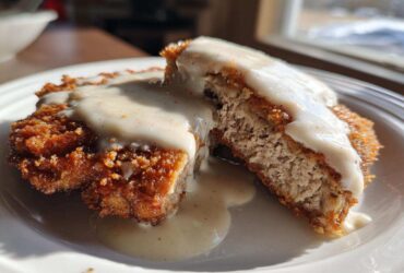 A close-up of a cross-section of crispy chicken fried steak smothered in white country gravy.