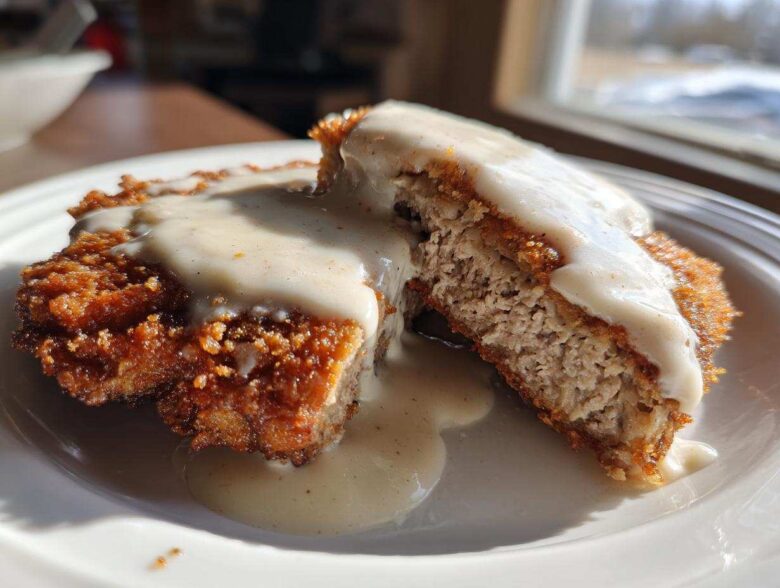 A close-up of a cross-section of crispy chicken fried steak smothered in white country gravy.