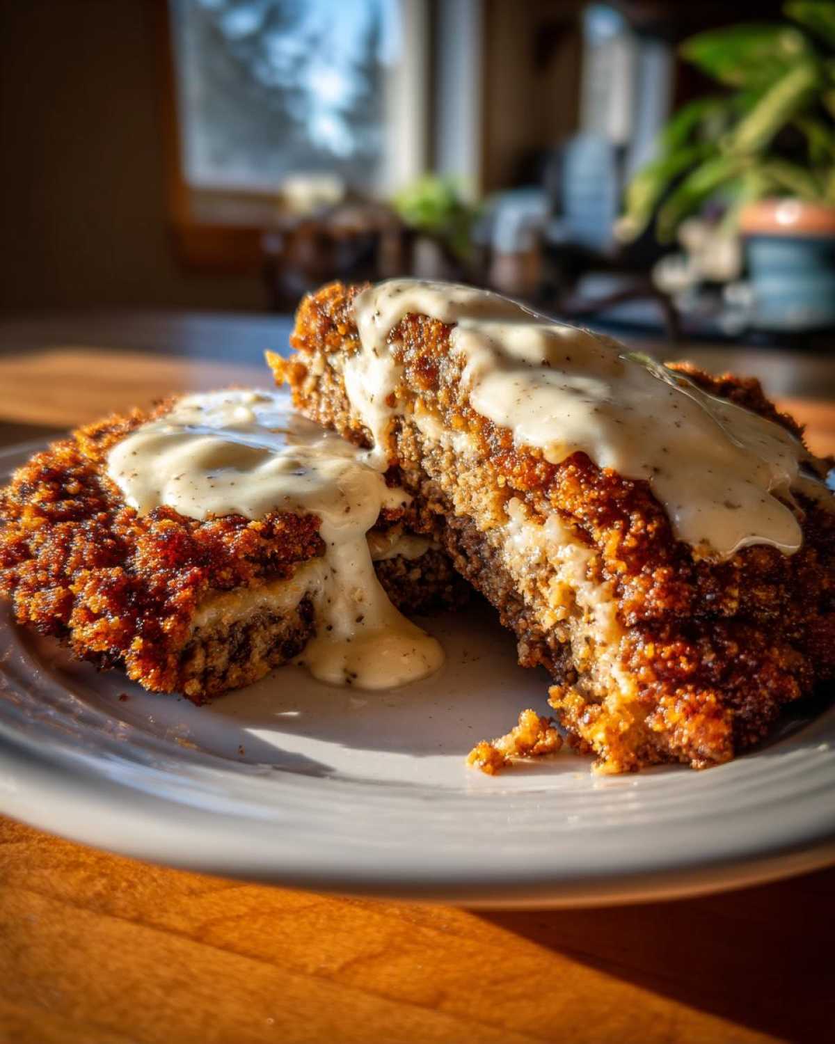 A close-up of a halved chicken fried steak covered in thick, creamy white gravy, showing the crispy crust.