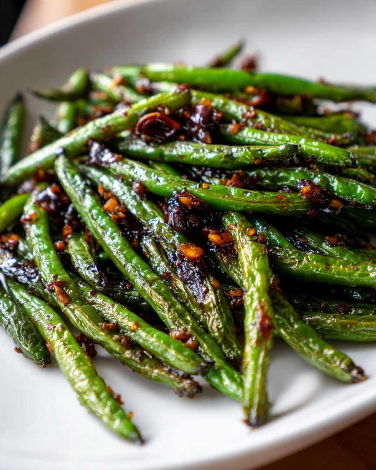 Close-up of blistered, bright green chinese green beans with garlic sauce coating.