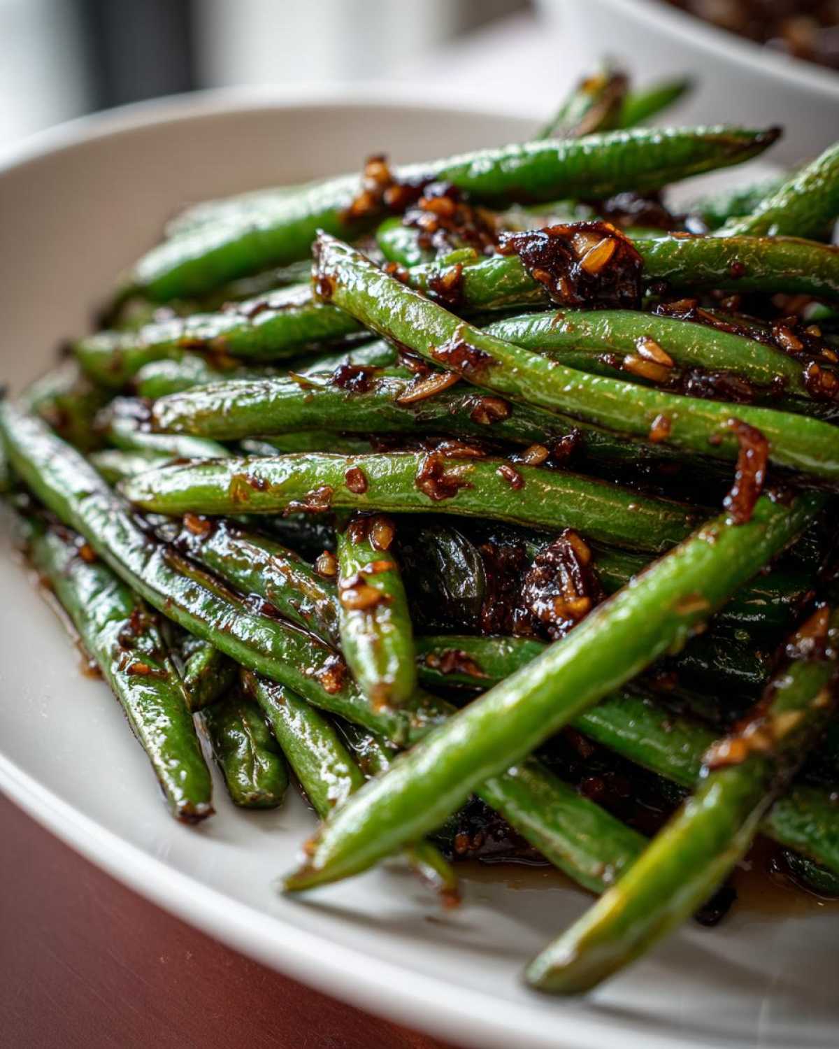 Close-up of vibrant green beans coated in a dark, glossy chinese green beans with garlic sauce.