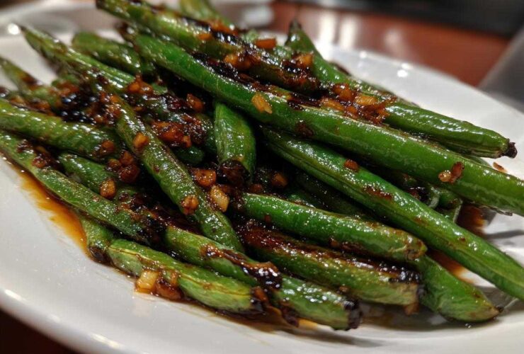 A close-up of vibrant green beans coated in a savory, dark garlic sauce, ready to serve.